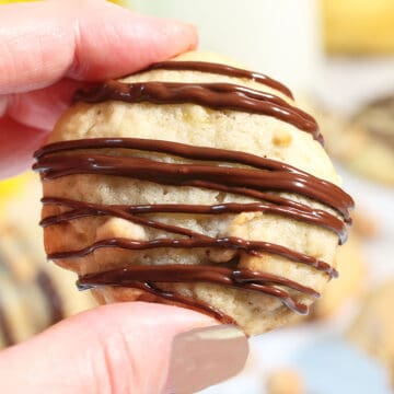 Holding cookie with cookies in background.
