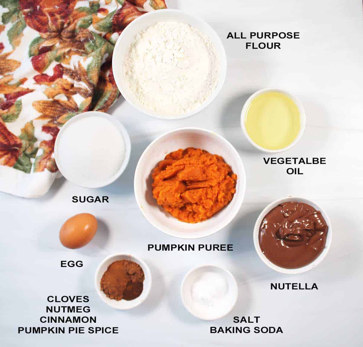 Ingredients for pumpkin and chocolate muffins.
