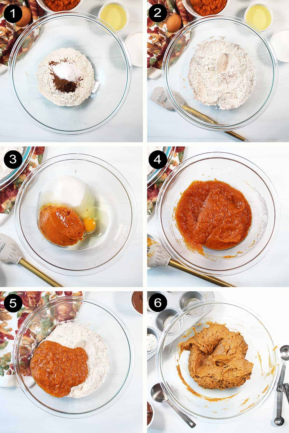 How to make pumpkin muffins steps 1-6.