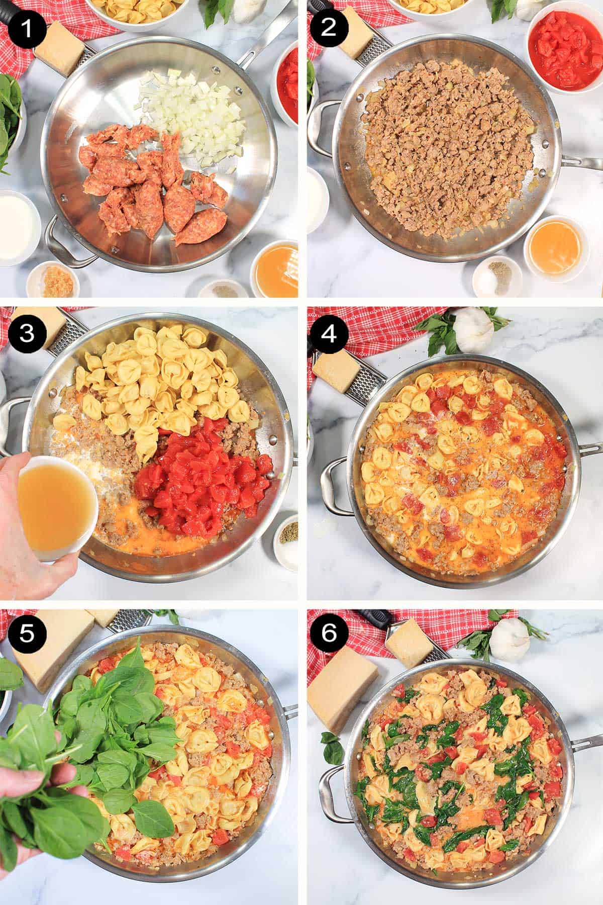 Cooking steps for Italian sausage and tortellini recipe.