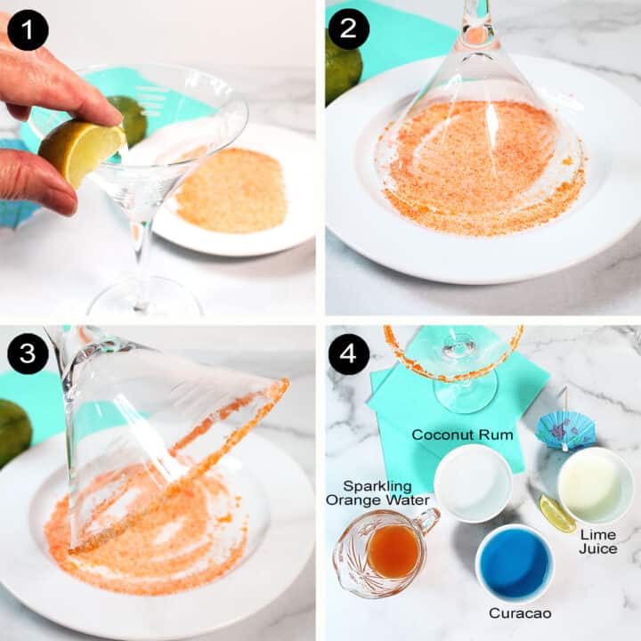Steps on how to apply sugar rim to glass.