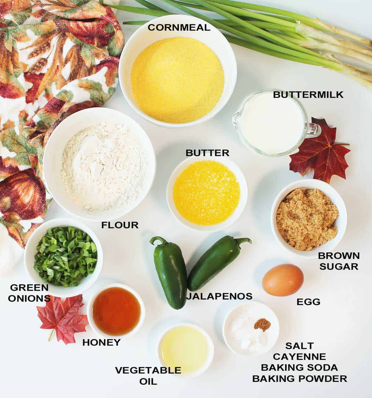 Ingredients for honey jalapeno cornbread muffins.