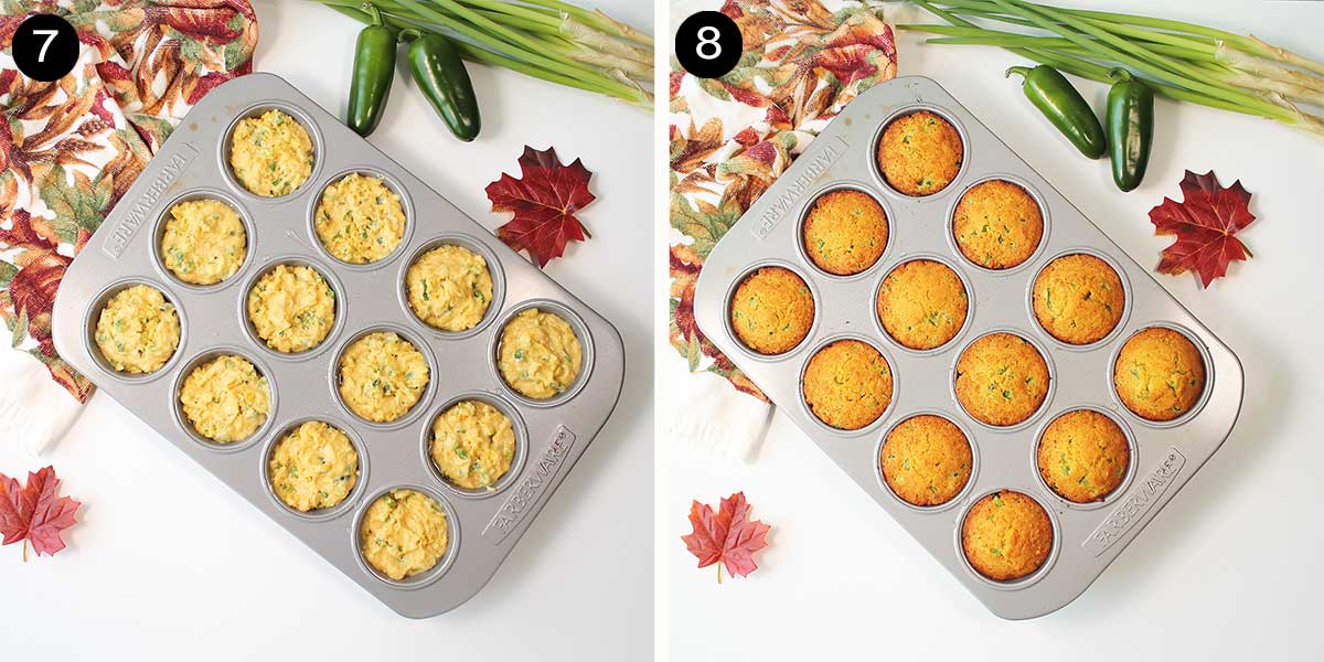 Unbaked and baked cornbread muffins.