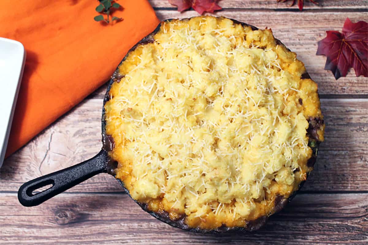 Overhead of baked Sheperds Pie.
