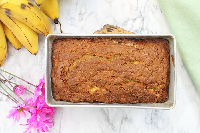 Classic Banana Bread baked and cooling in pan.
