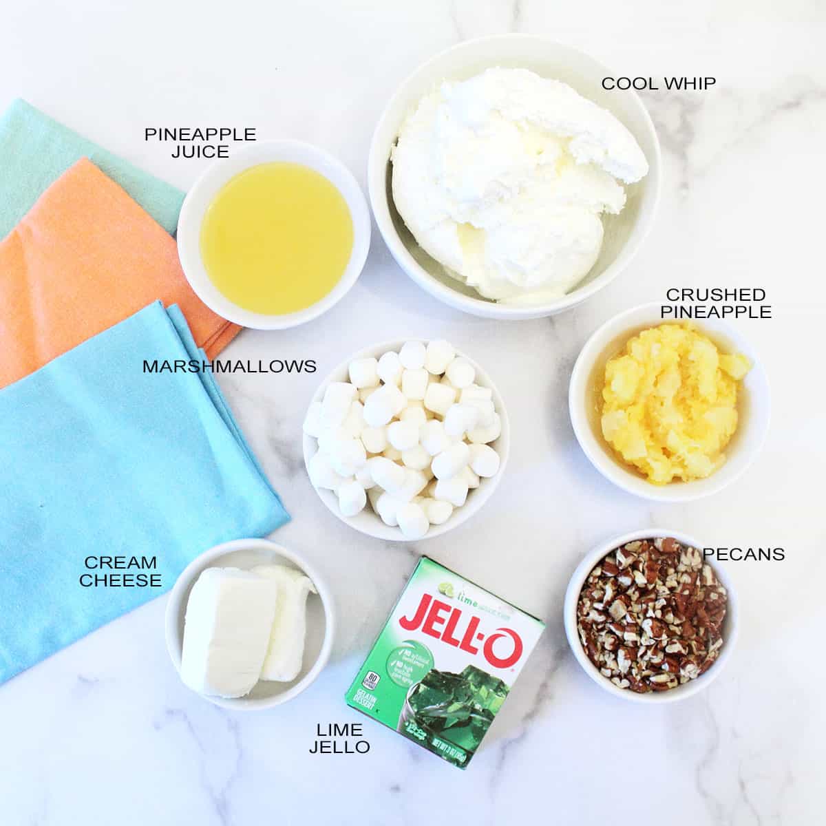 Ingredients labeled for lime jello fluff.