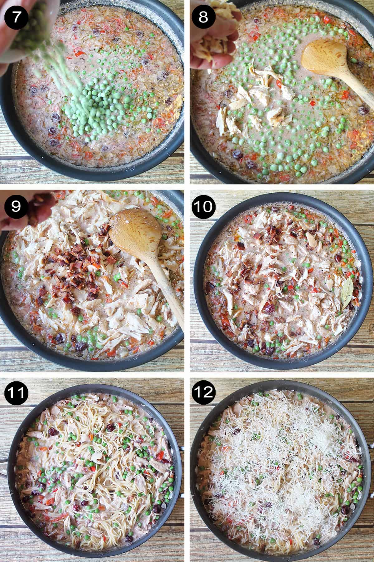 Collage of prep steps 7-12 to finish leftover turkey pasta.
