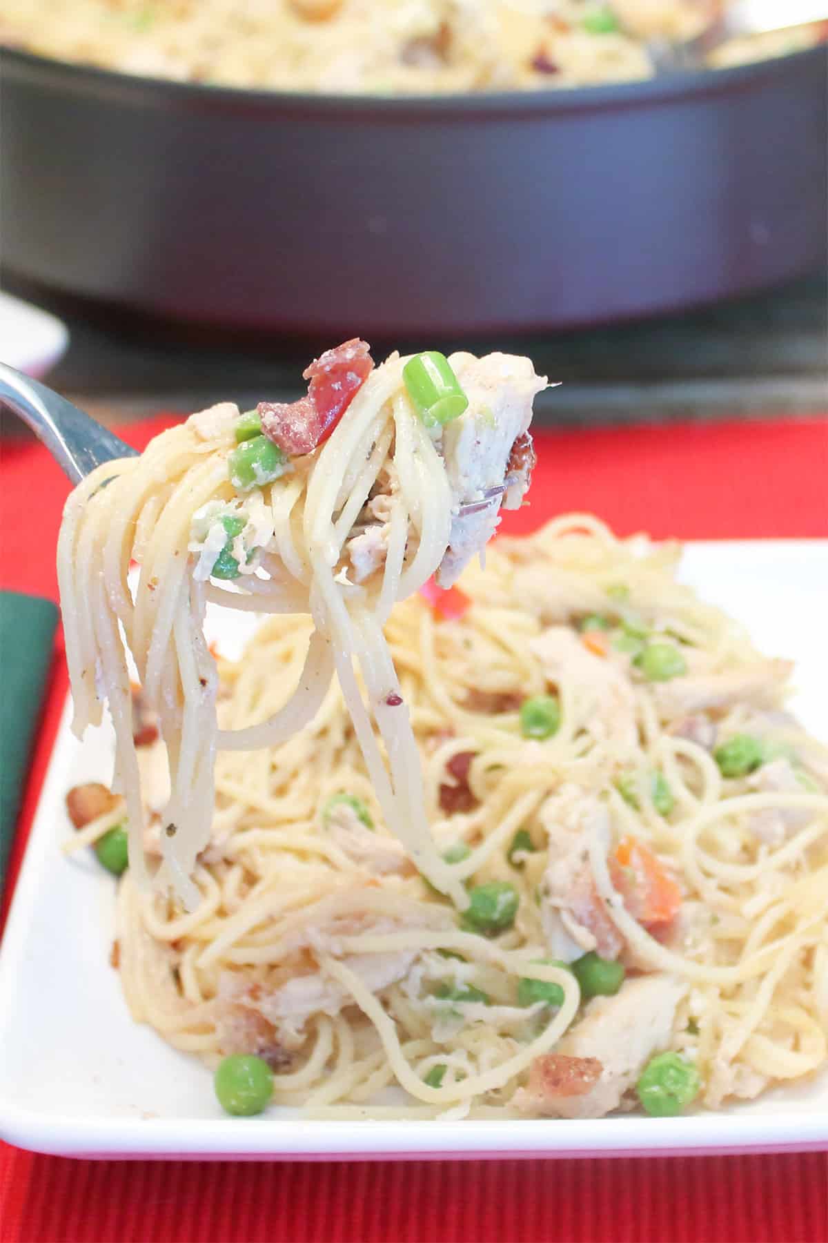 Spaghetti twirled on fork over plated Turkey Pasta dinner.