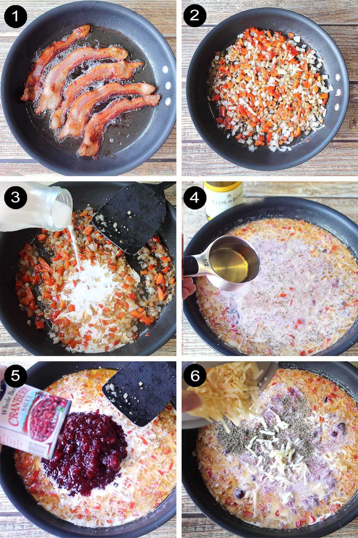 Collage of steps 1-6 to make turkey cranberry pasta.