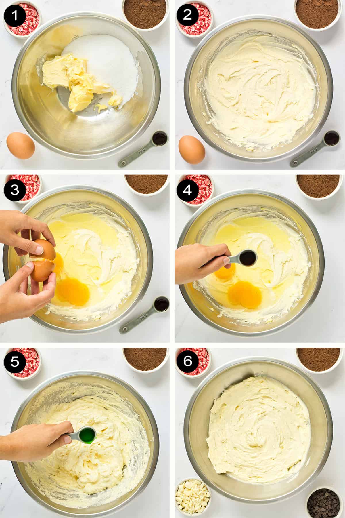 Steps 1-6 to make mint chocolate cookies.