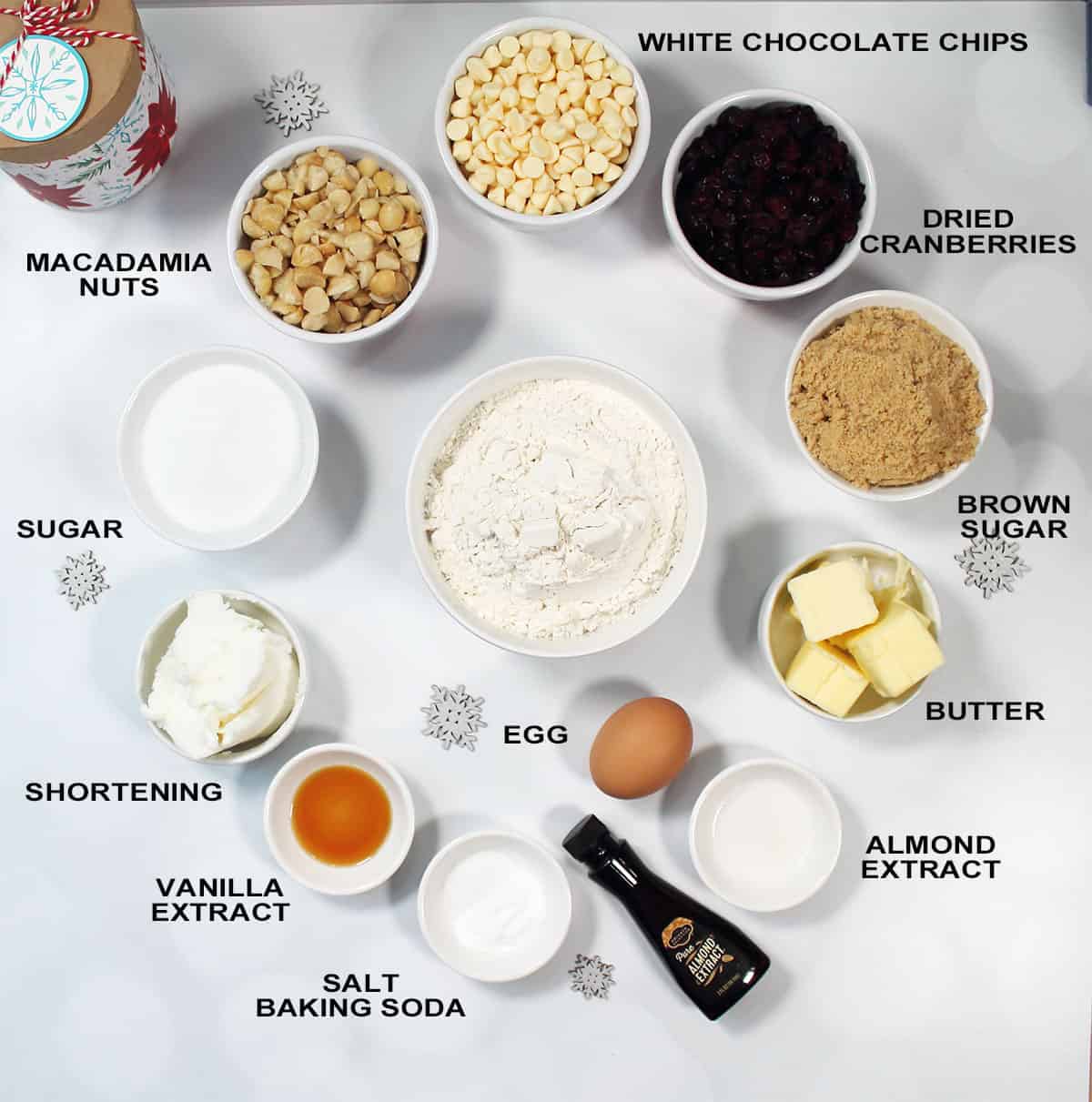 Ingredients for white chocolate macadamia cookies.