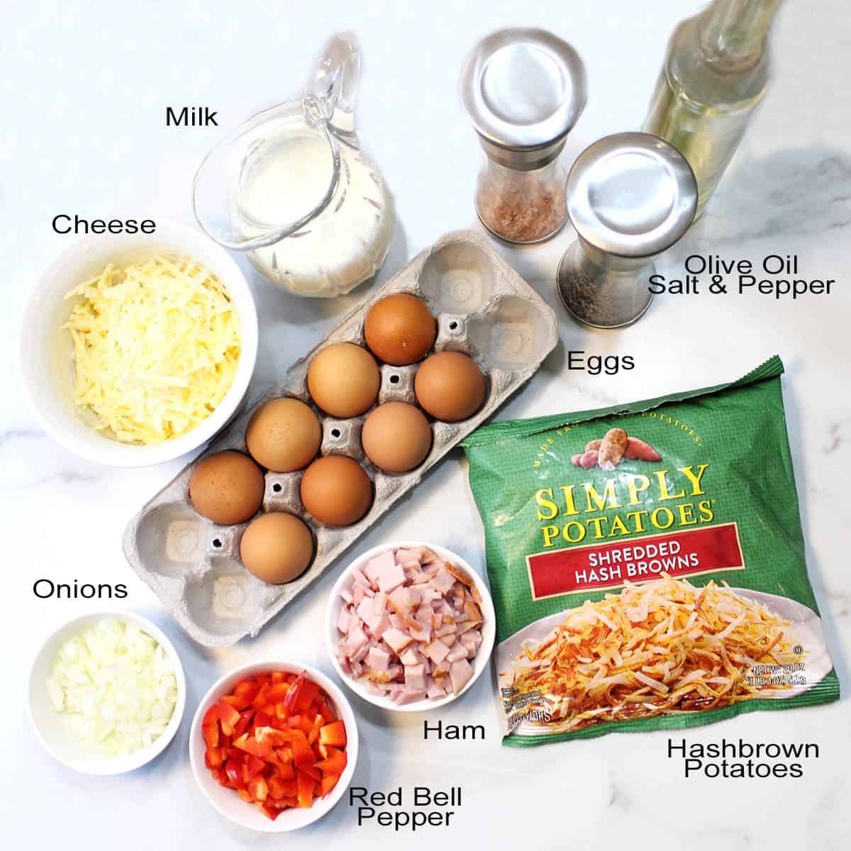 Breakfast Casserole ingredients labeled.