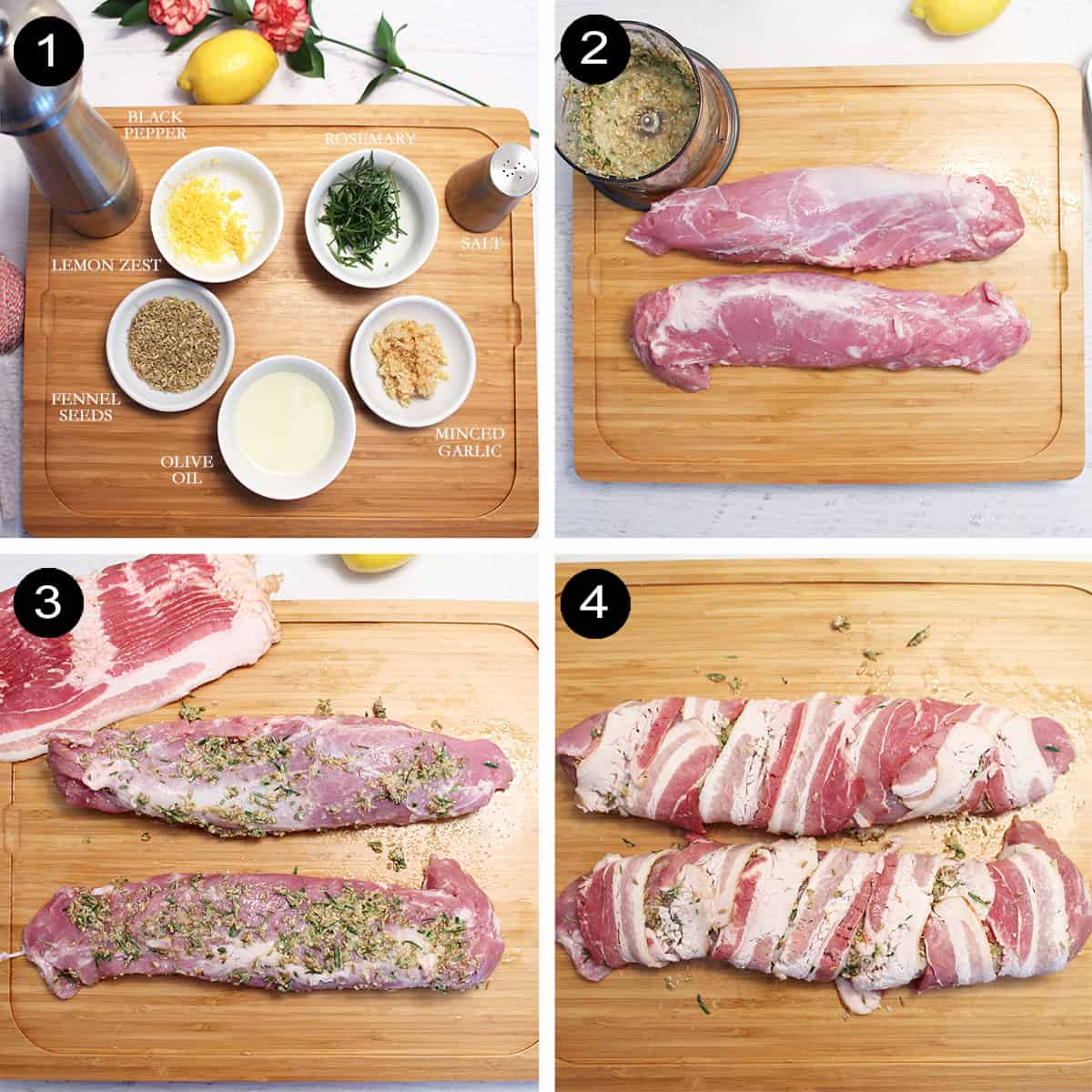 Collage of steps to prepare pork tenderloin.