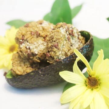 Gluten-free oatmeal chocolate chip cookies in avocado rind.