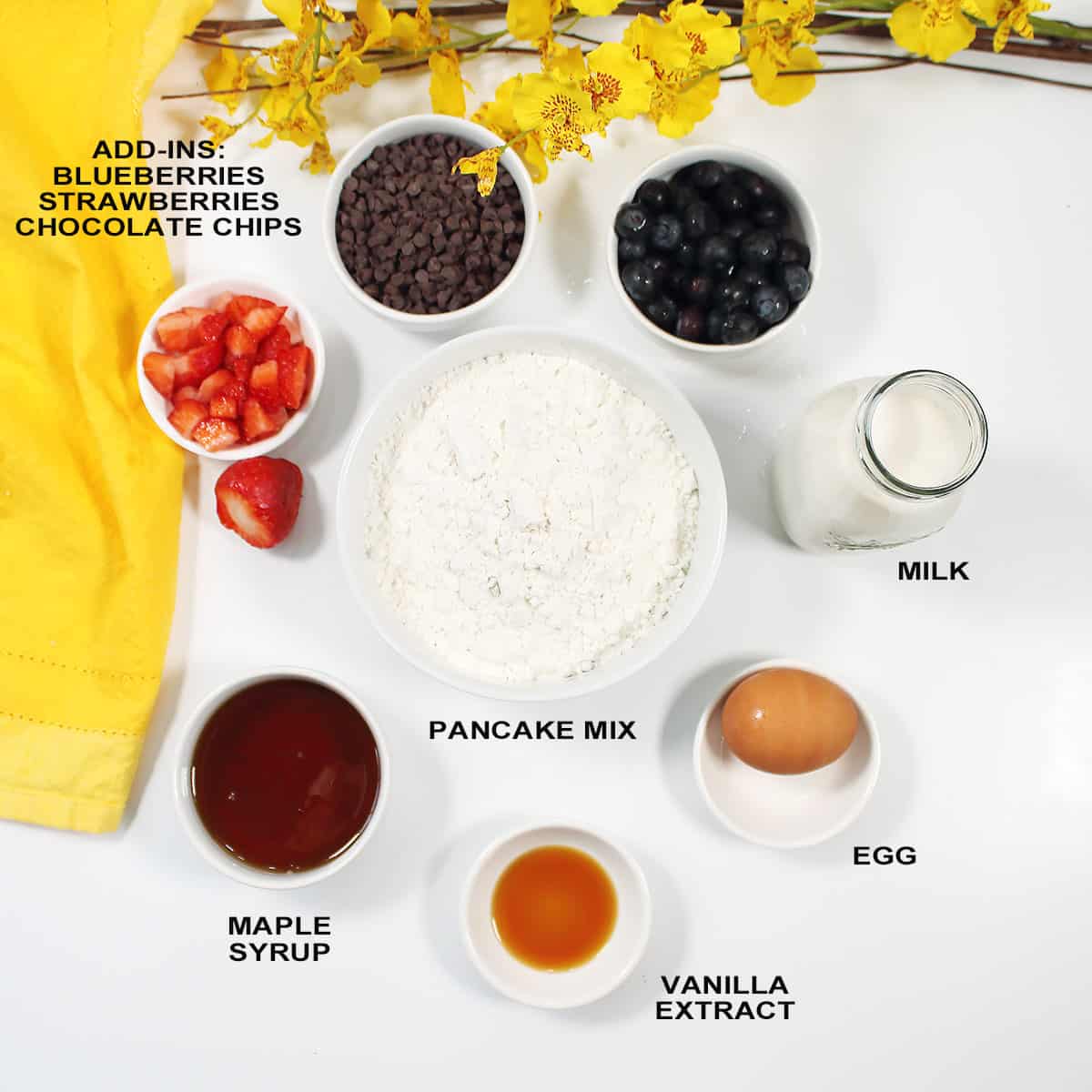 Pancake muffins ingredients, labeled.