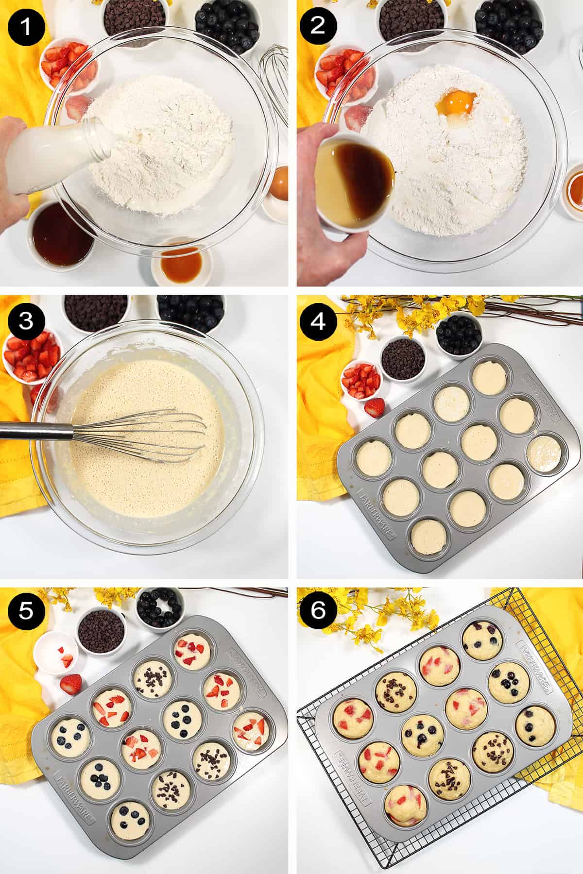 Steps to make pancake batter and cook muffins.