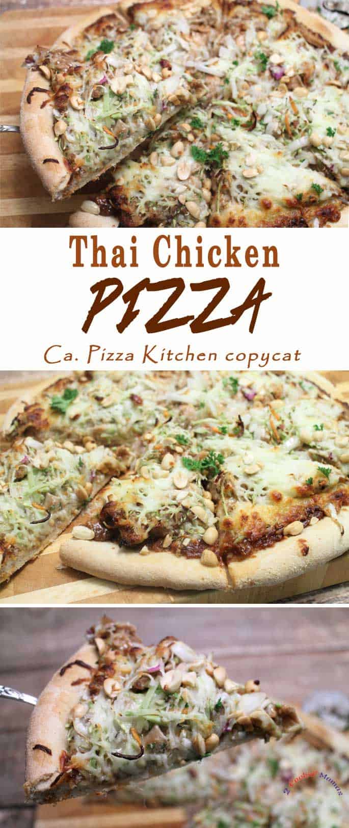 Thai Chicken Pizza | 2 Cookin Mamas If you love Thai flavors & can't get enough of pizza then this Thai Chicken Pizza is for you! Think chicken tossed in peanut sauce, scattered with bean sprouts, carrots, onion and peanuts then topped with mozzarella.