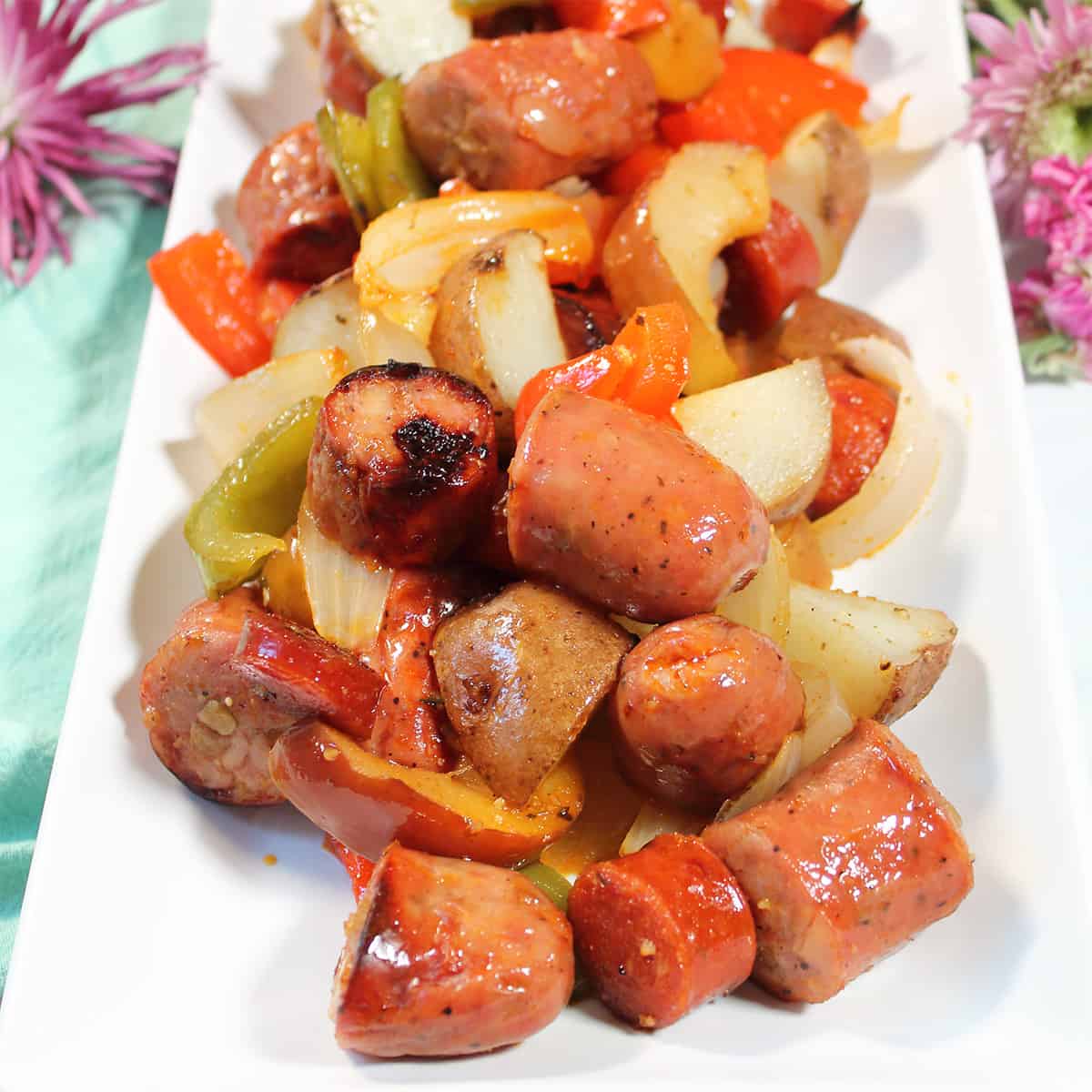 Chicken Apple Sausage Sheet Pan Dinner on platter.