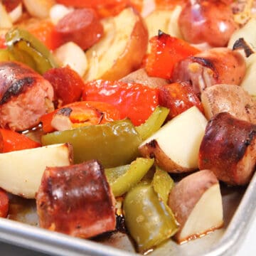 Closeup of cooked sausage dinner.