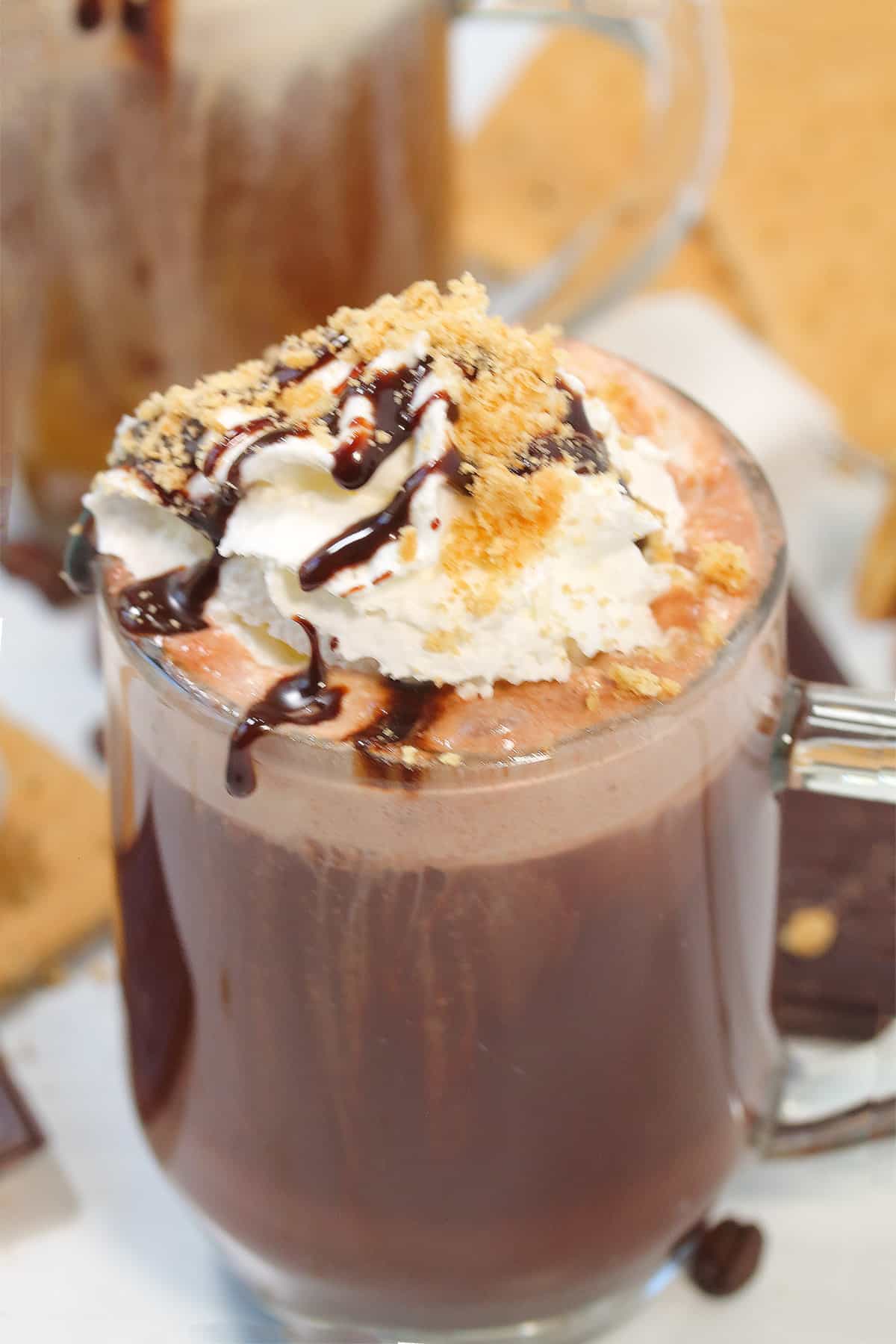 Closeup of garnished drink with whipped cream and graham crumbs.