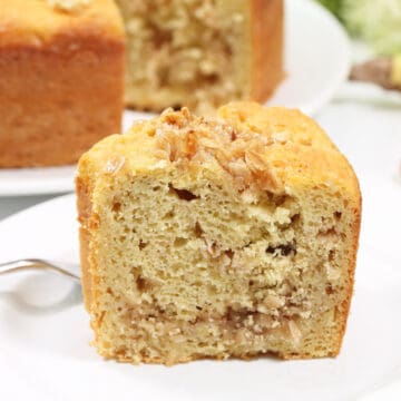 Closeup of slice on plate showing filling.