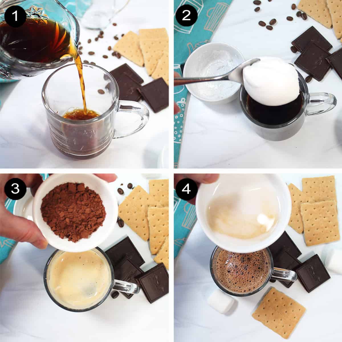 Collage of steps to make smores coffee drink.