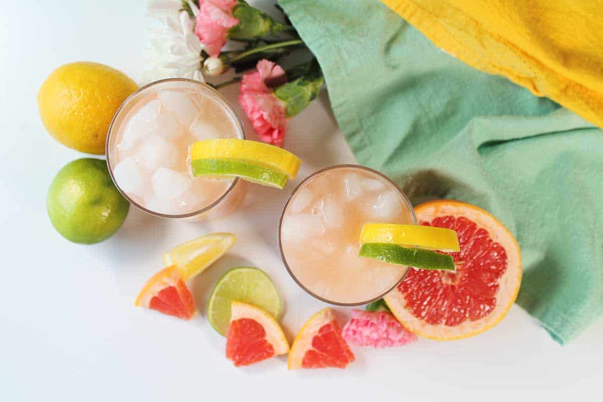 Overhead of garnished cocktails.