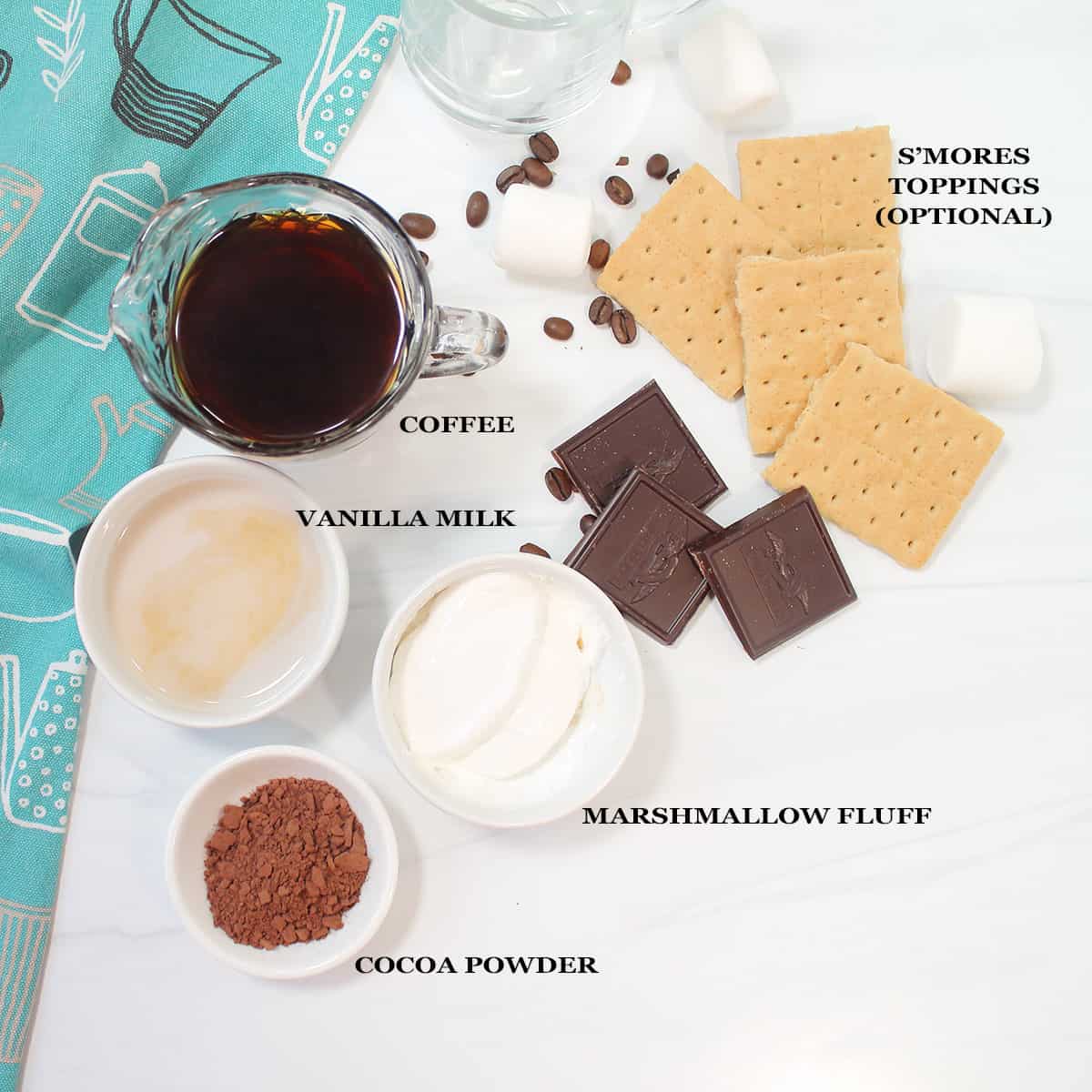 Labeled ingredients for smores coffee.