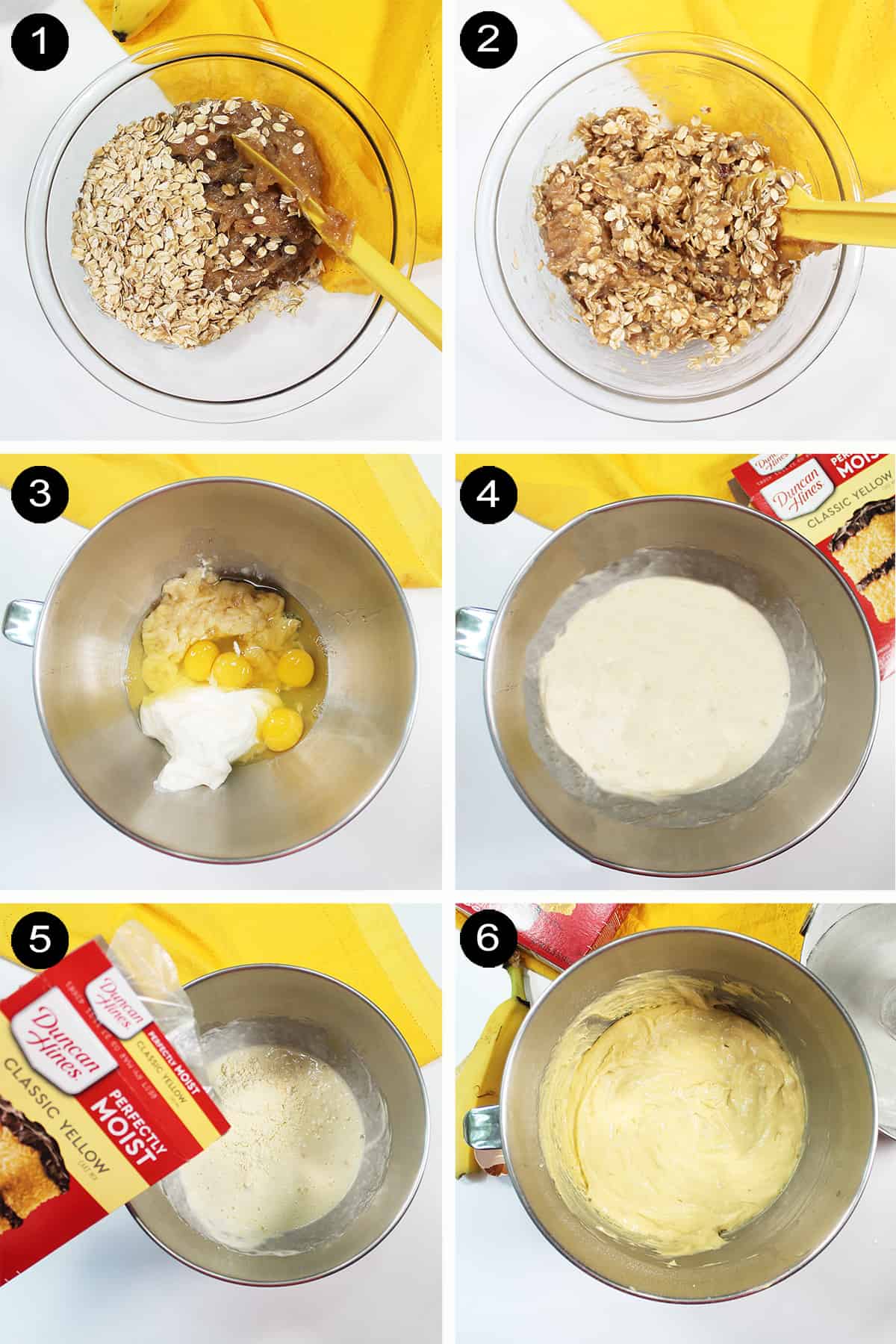 Steps 1-6 to make banana cake from cake mix.