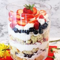 Side view of summer berry trifle showing layers.