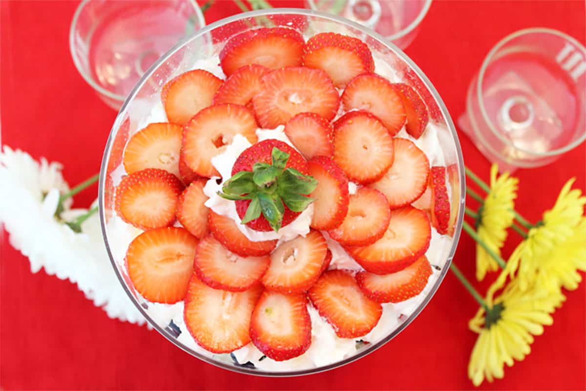 Overhead of trifle showing strawberry pattern on top.
