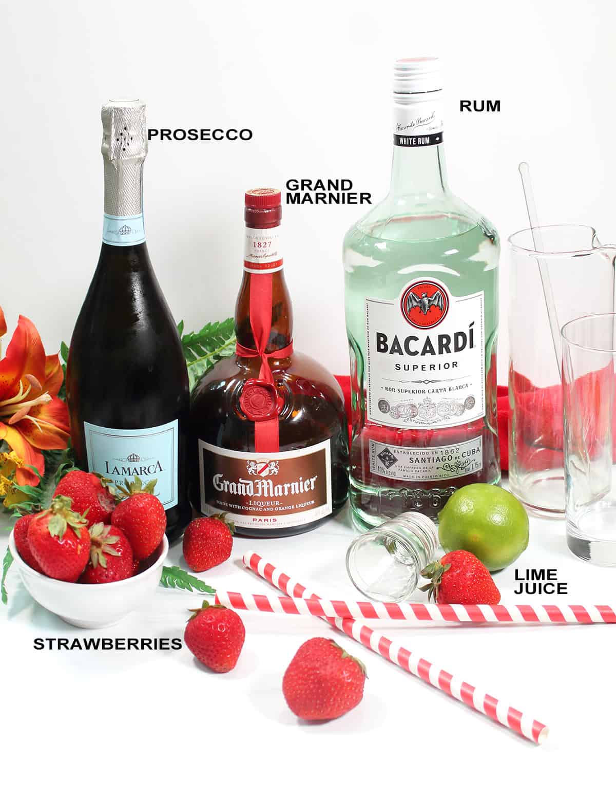 Ingredients for strawberry cocktail.