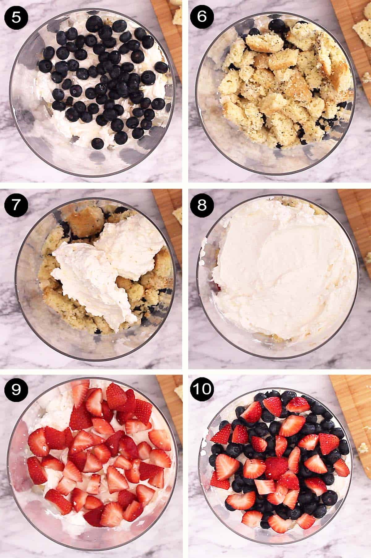 Assembly steps showing berry, cake and cream layers.