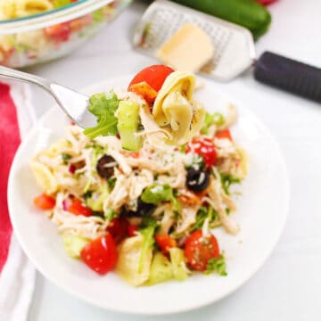 Bite of tortellini salad over plate.