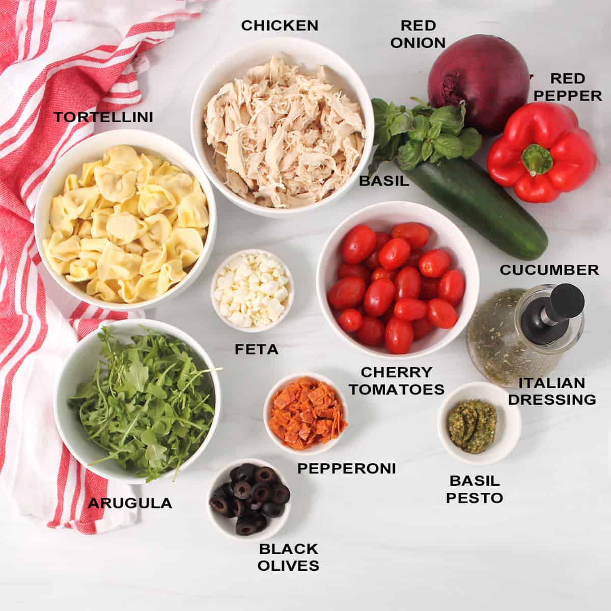 Ingredients for tortellini pasta salad.