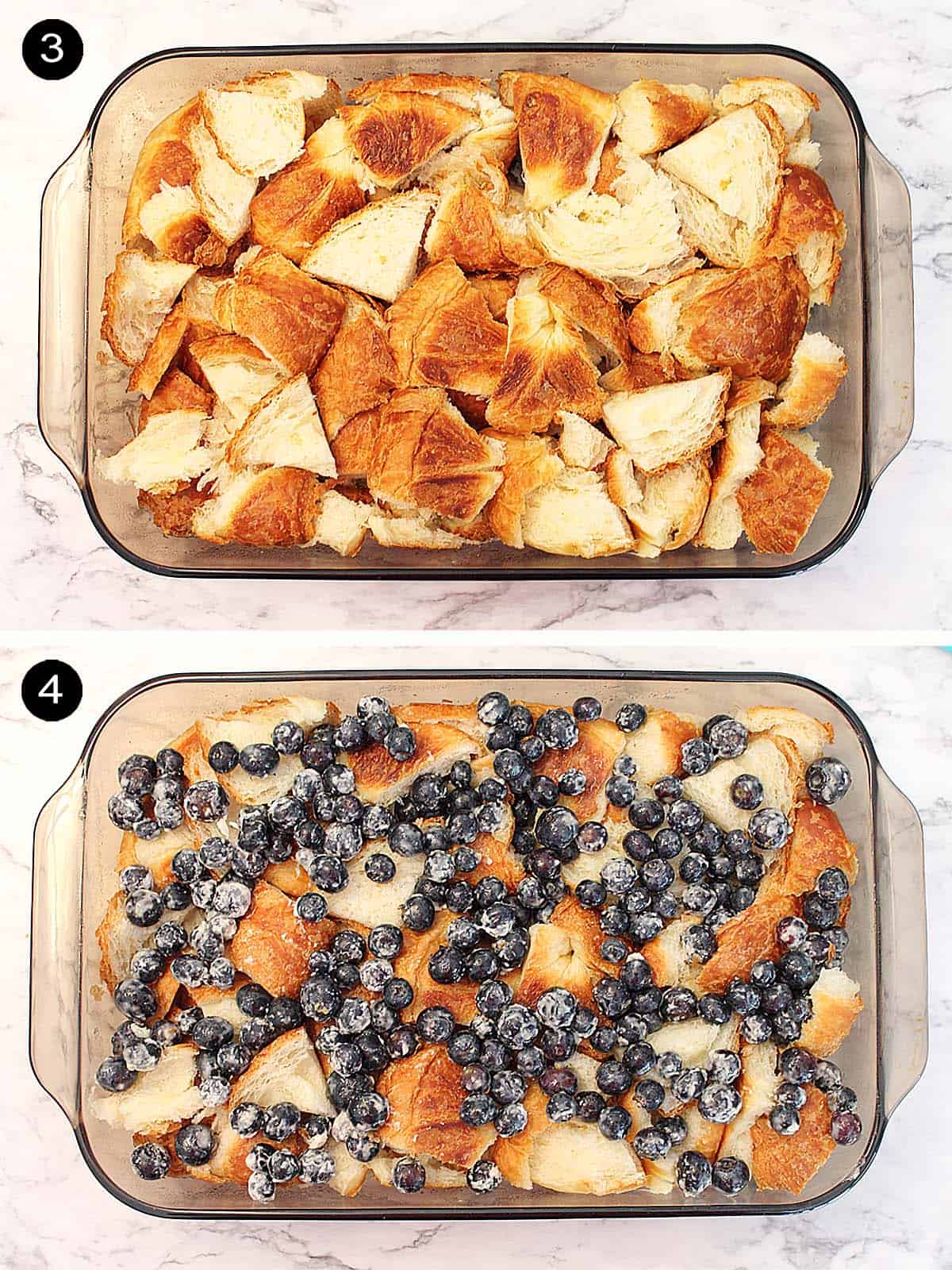 Layering croissants and blueberries into casserole dish.