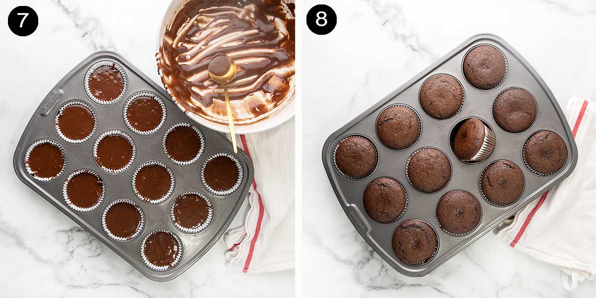 Unbaked and baked cupcakes in cupcake pan.