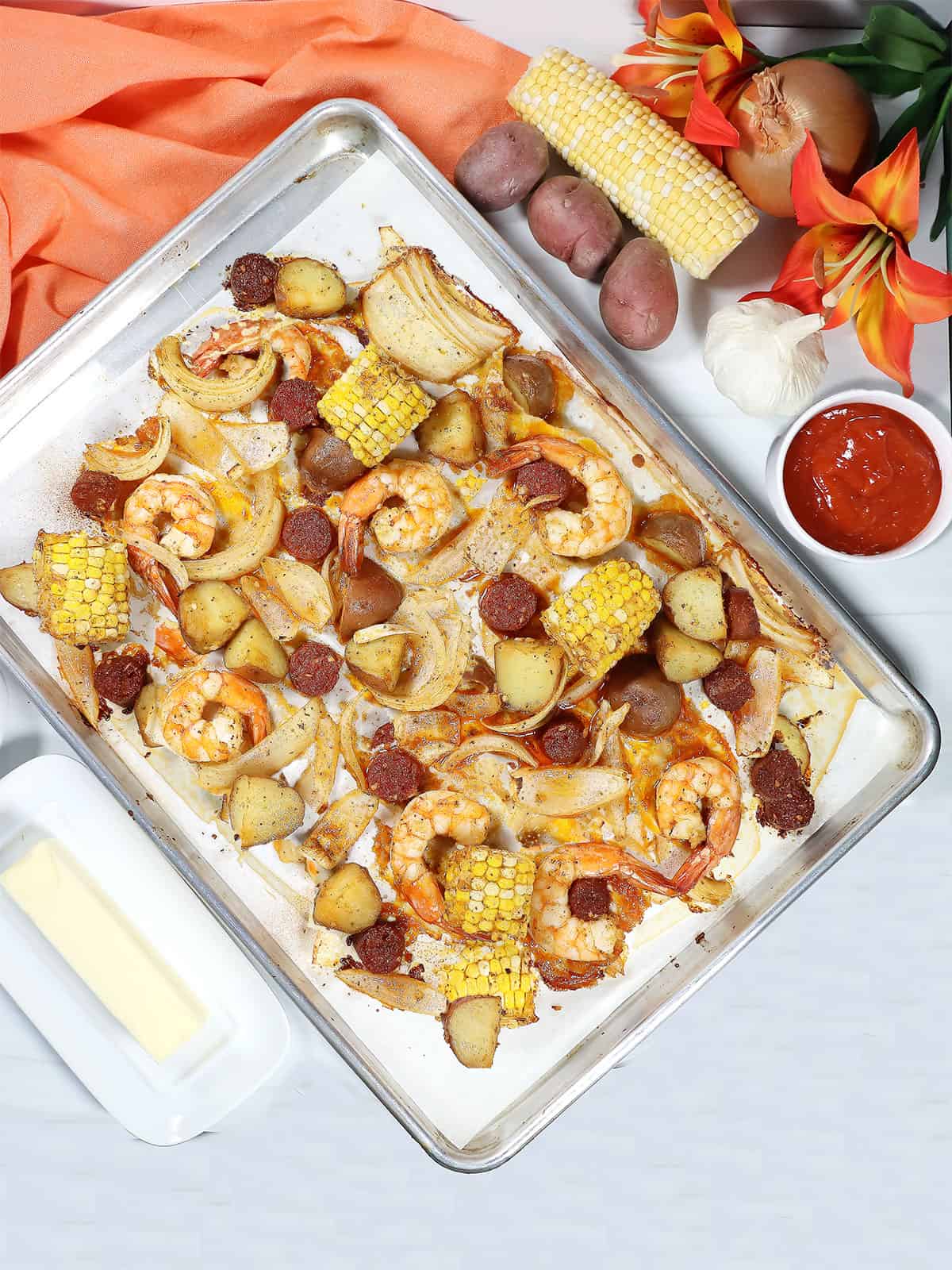 Sheet Pan Shrimp Boil on baking sheet.