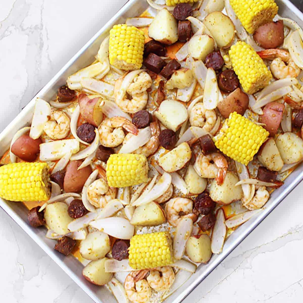 Sheet Pan Shrimp Boil on baking pan.