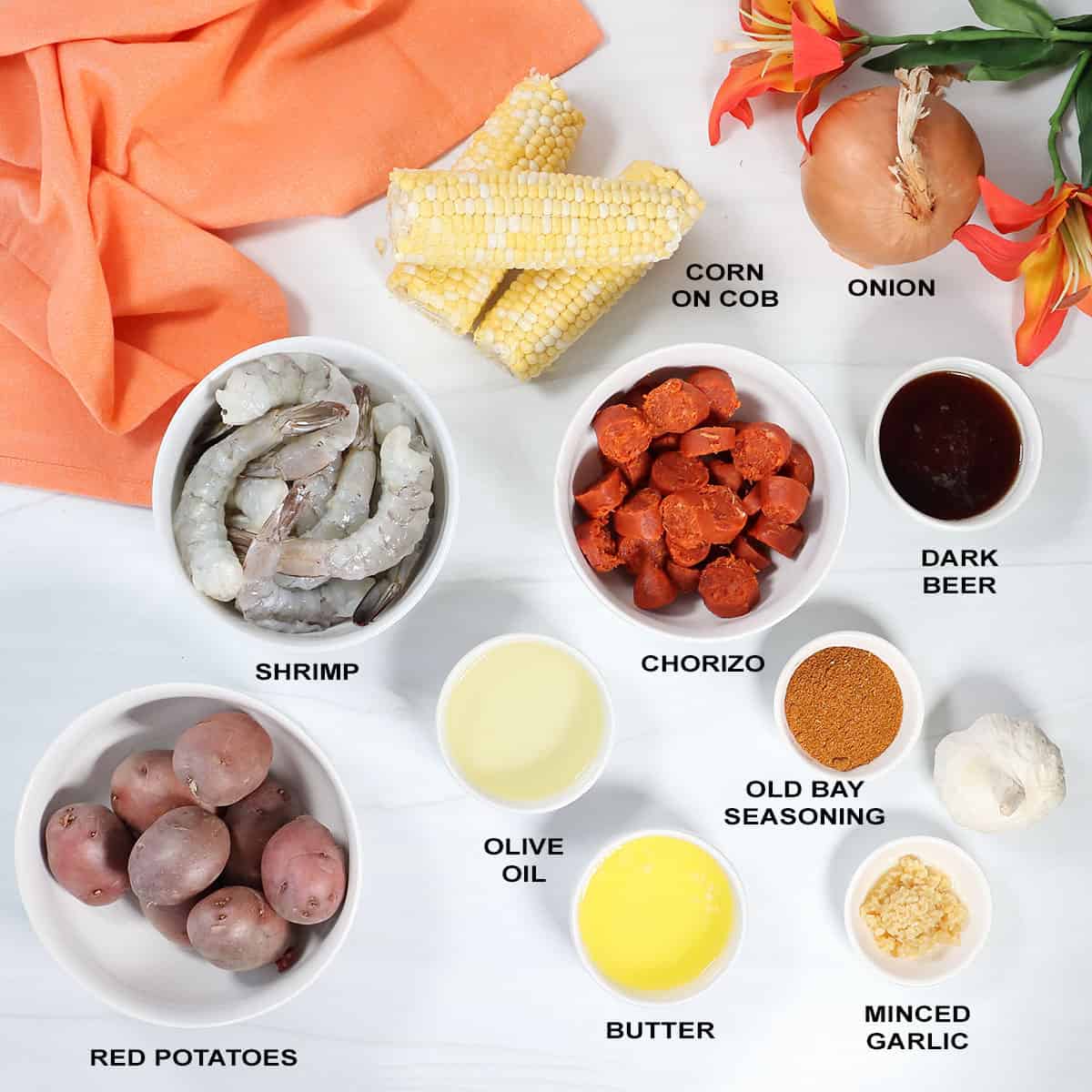 Ingredients for sheet pan shrimp boil recipe.