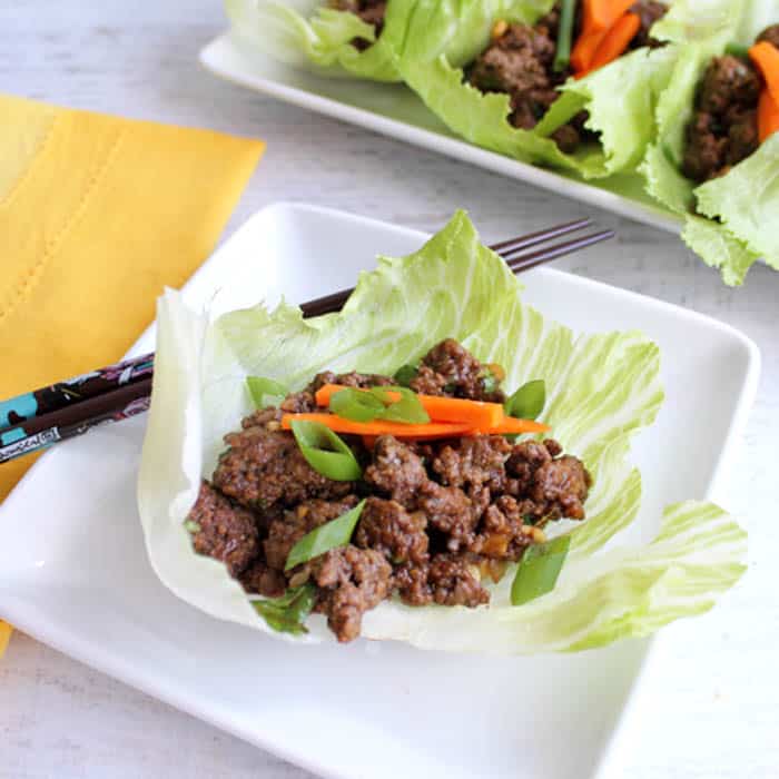 Asian flavored beef mixture in lettuce wrap.
