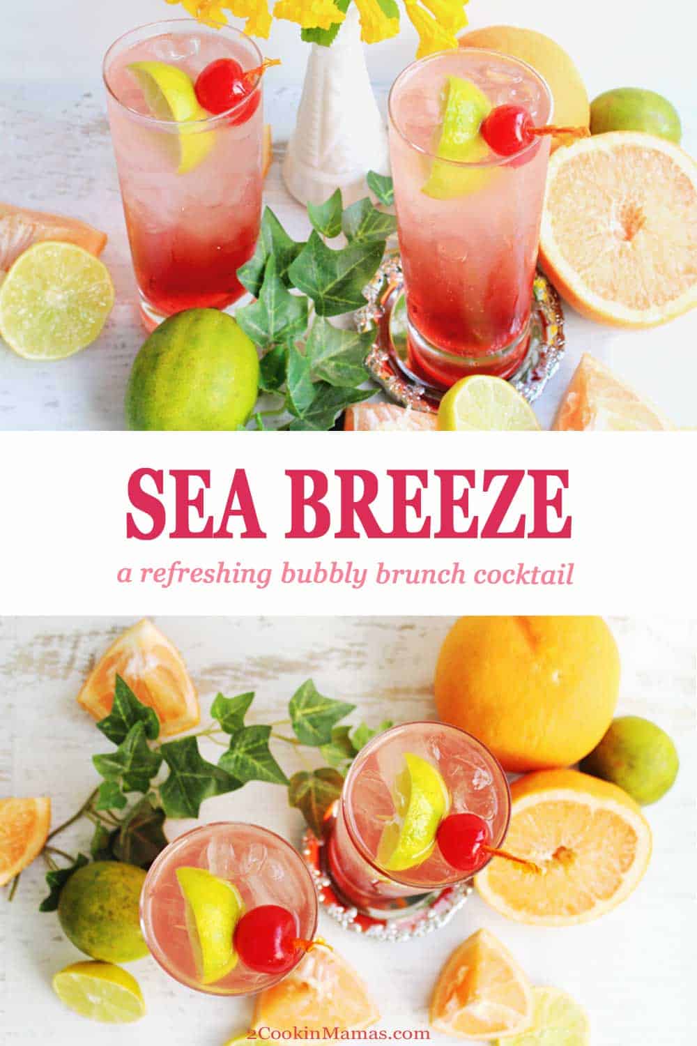 Sea Breeze Cocktail | 2 Cookin Mamas A Sea Breeze is a pretty cocktail that's great for warm summer days, Easter and Mother's Day brunch or just to chill. Cranberry juice and vodka are the standard base while a touch of sparkling grapefruit water makes this drink go from humdrum to light and bubbly. #brunch #MothersDay #Easter #cocktail #recipe #vodka #cranberryjuice #sparklingwater #summercocktail #drink