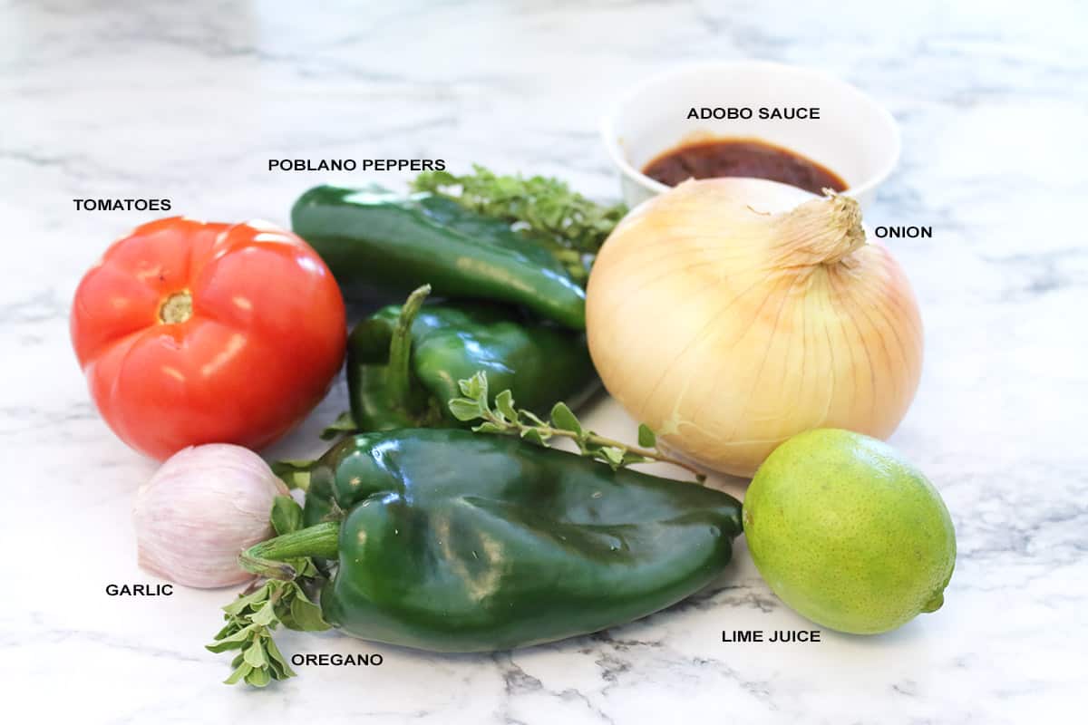 Labeled vegetables for chicken poblano stew.