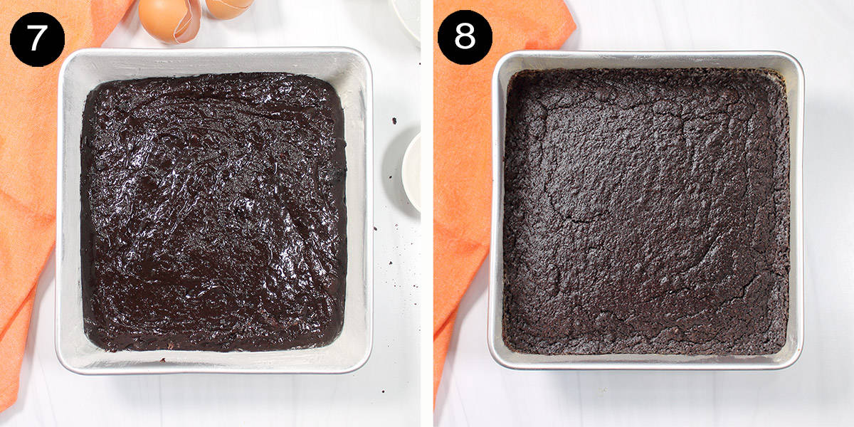 Prebaked and baked brownies.