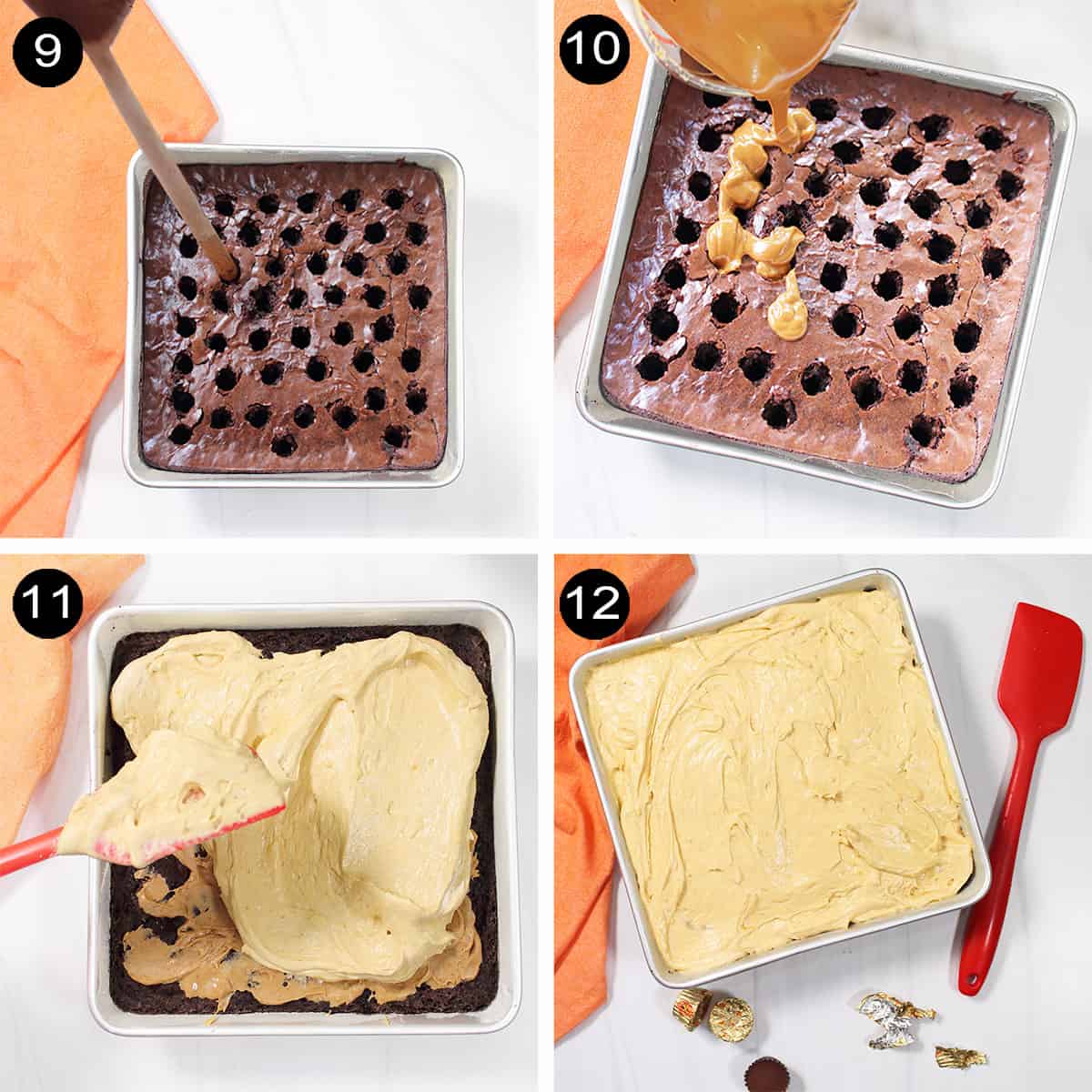 Finishing brownies with peanut butter frosting.