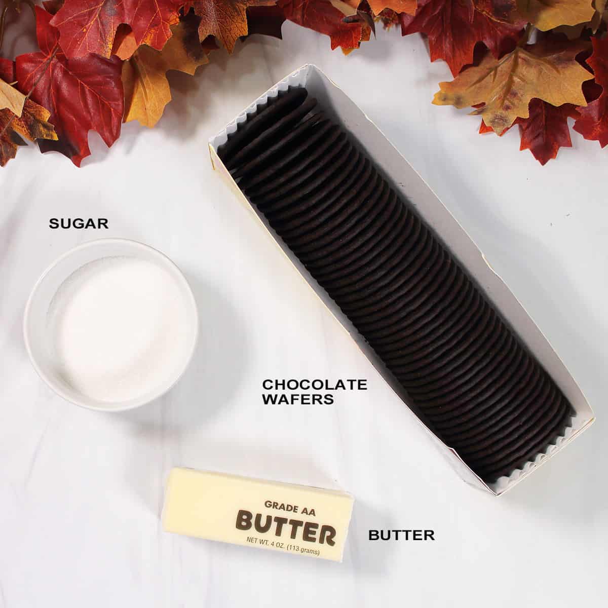 Ingredients for chocolate cookie crust.