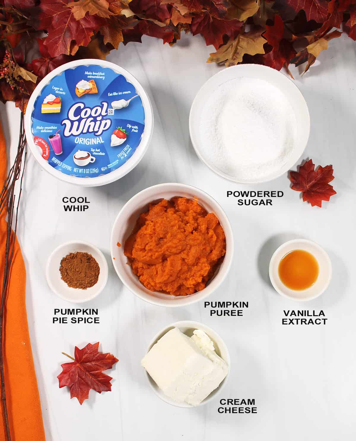 Ingredients for no bake pumpkin cheesecake.