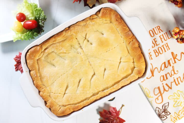 Baked casserole showing brown crust.