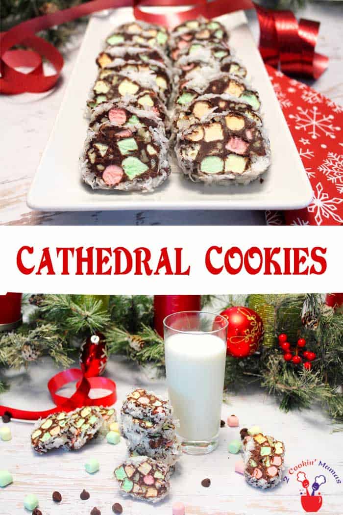 Cathedral Cookies | 2 Cookin Mamas Creamy, fudgy no-bake Cathedral Cookies with mini marshmallows, crunchy nuts and covered with sweetened coconut. And they only take about 15 minutes! The perfect addition to your Christmas cookie tins. #cookies #christmascookies #nobakecookies #recipe
