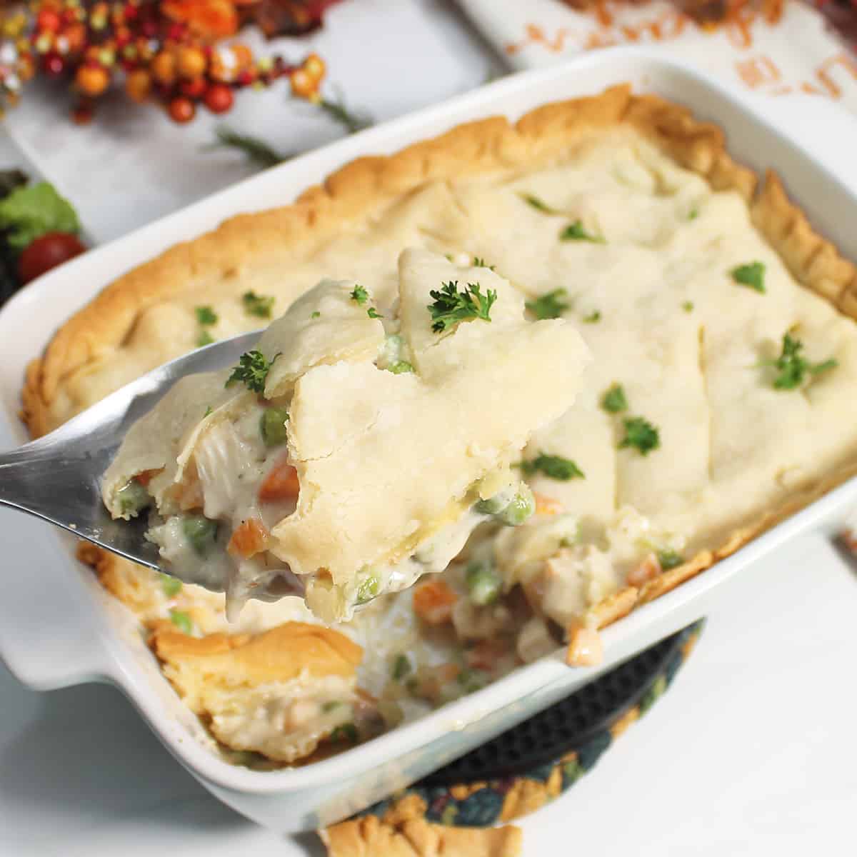 Lifting serving out of baking dish with serving spoon.